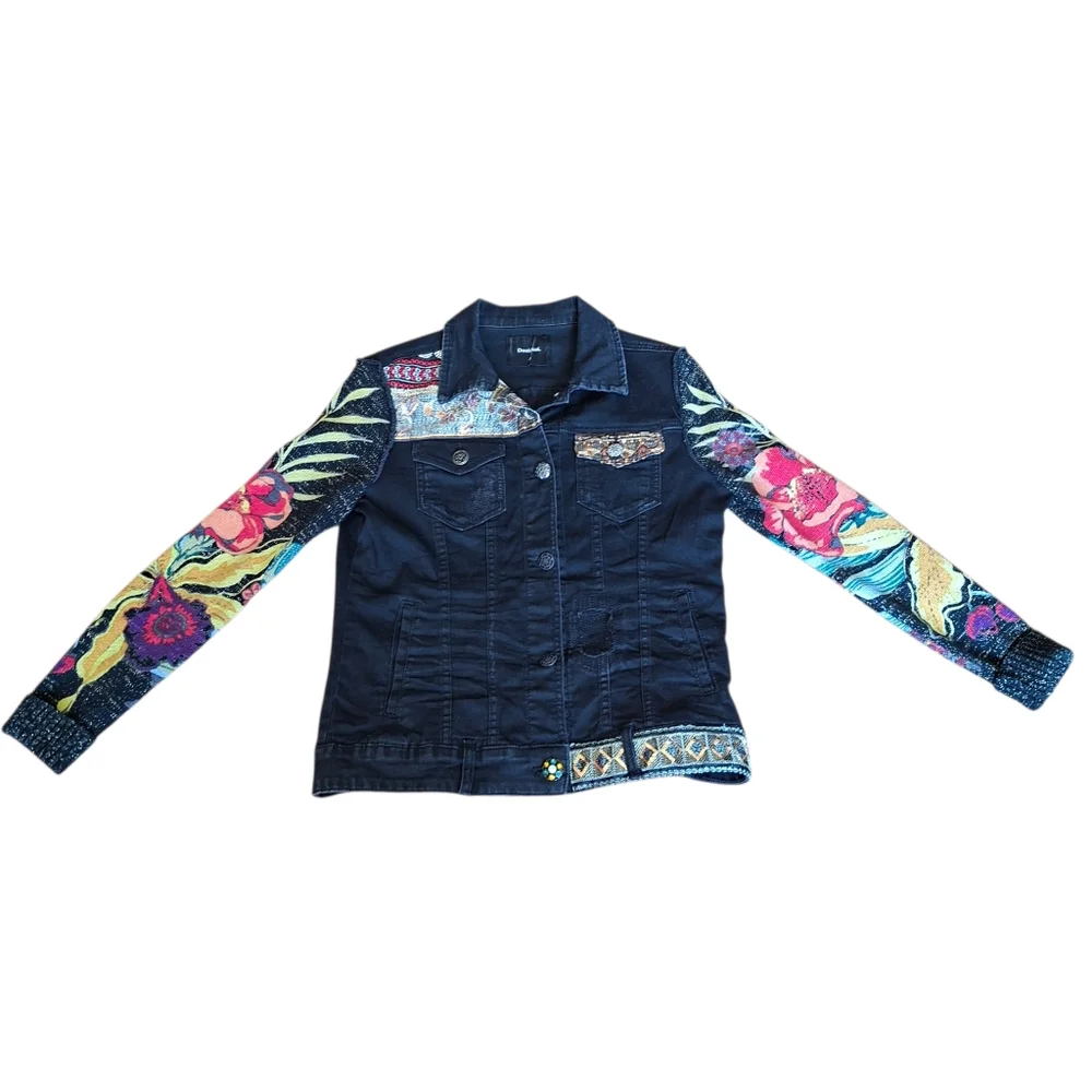 Desigual Jean Jacket With Crochet Knit Overlay Bimaterial Boho Embellished Denim - Picture 4 of 11